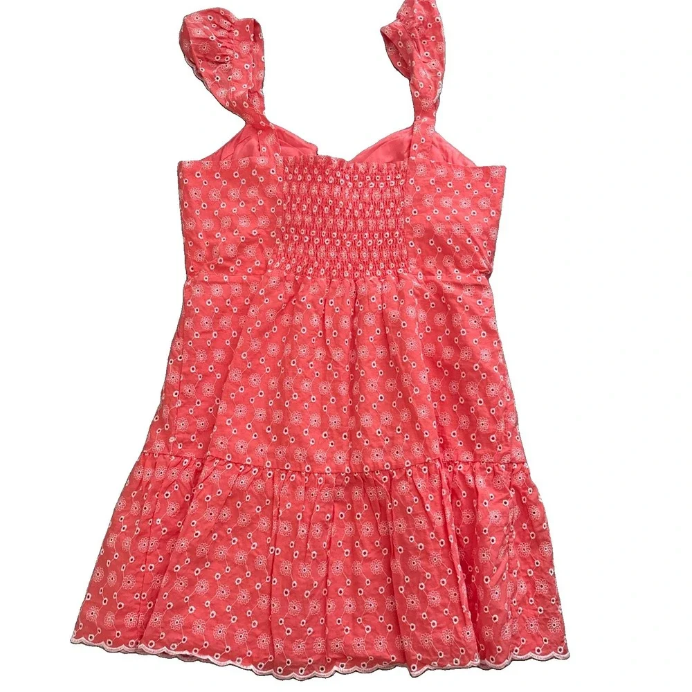 Betsey Johnson Coral Eyelet Smocked Sweetheart Cap Sleeve Mini Dress Womens XL